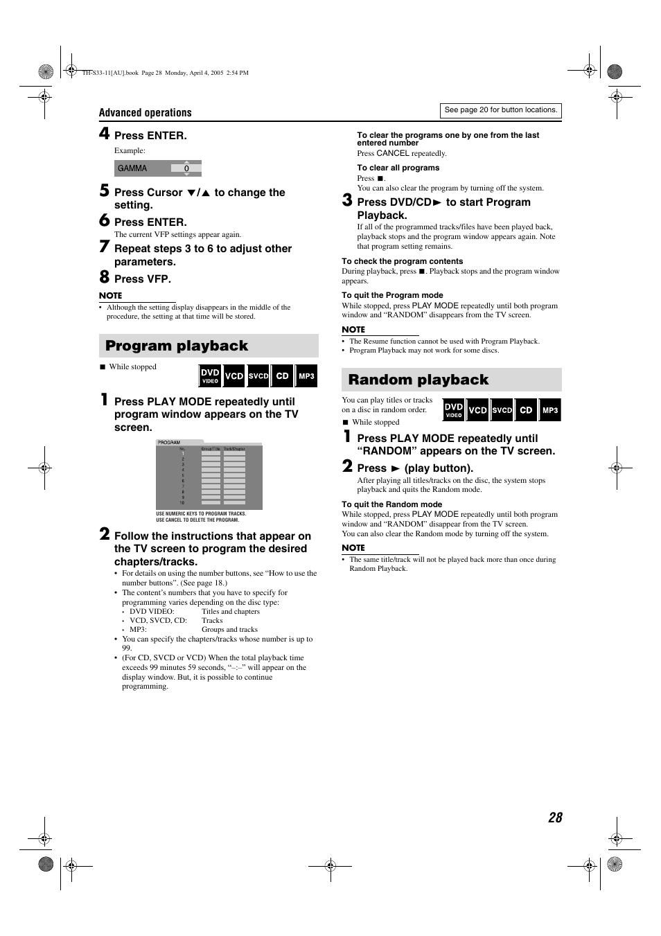 Program playback, Random playback | JVC TH-S33 User Manual | Page 31 / 41