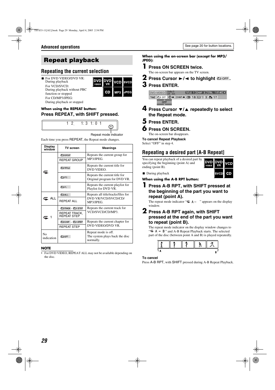 Repeat playback, Repeating the current selection, Repeating a desired part [a-b repeat | JVC TH-S33 User Manual | Page 32 / 41