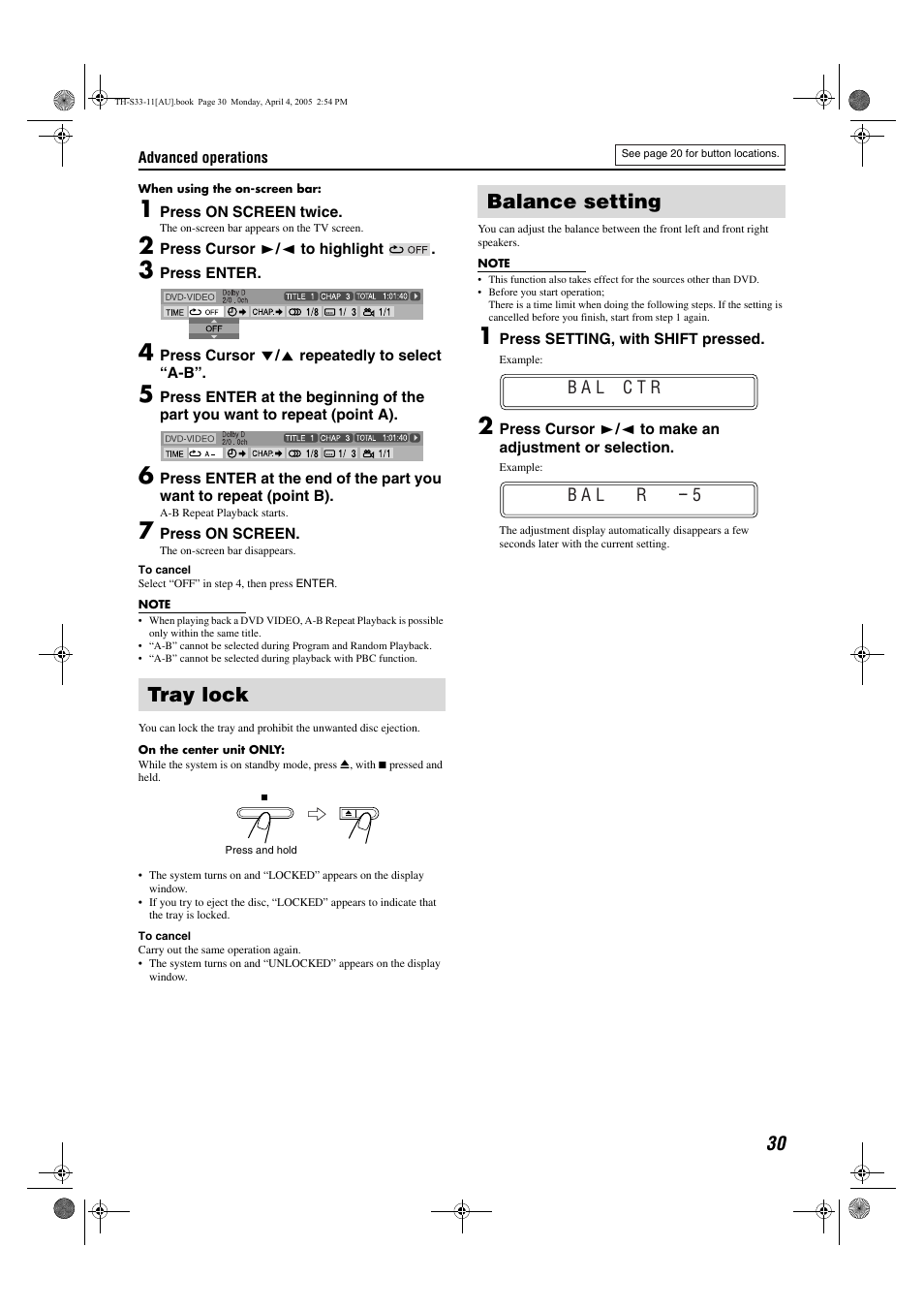 Tray lock, Balance setting | JVC TH-S33 User Manual | Page 33 / 41