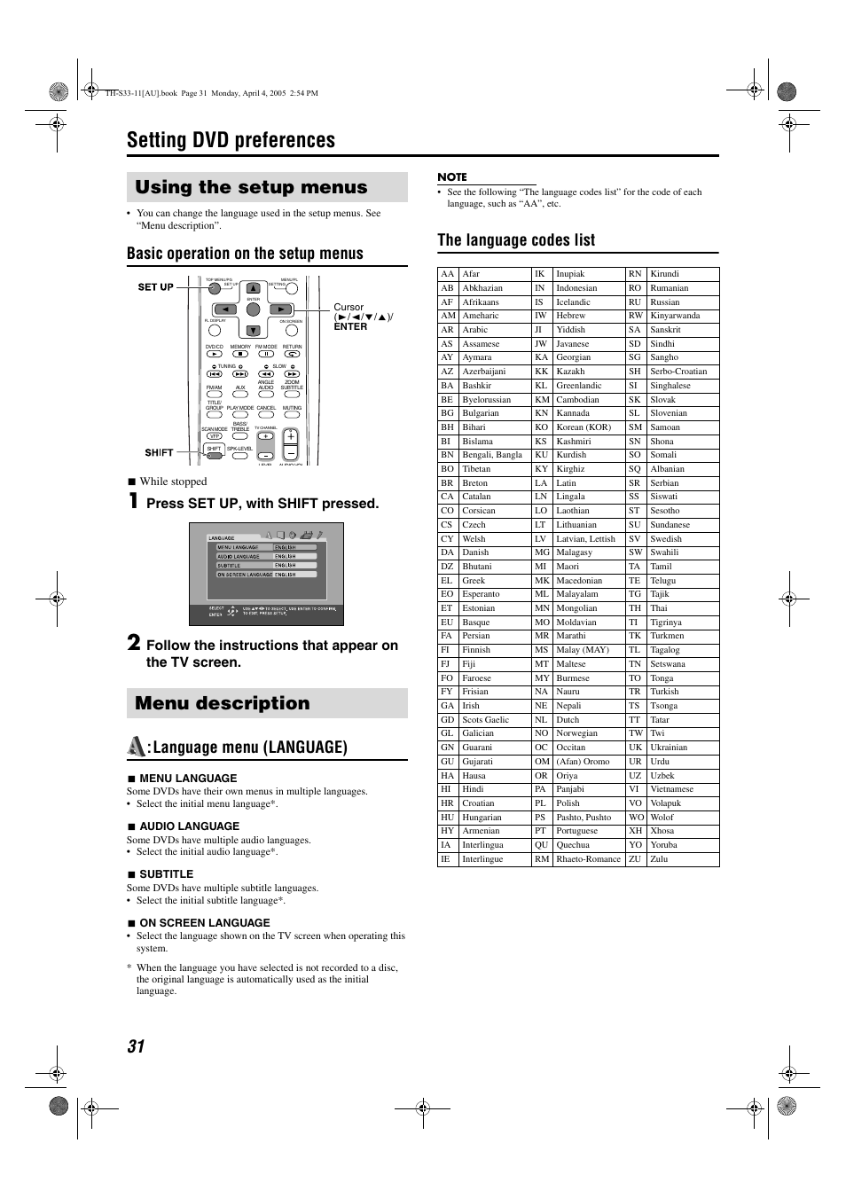 Setting dvd preferences, Using the setup menus menu description, Basic operation on the setup menus | Language menu (language), The language codes list, Press set up, with shift pressed | JVC TH-S33 User Manual | Page 34 / 41