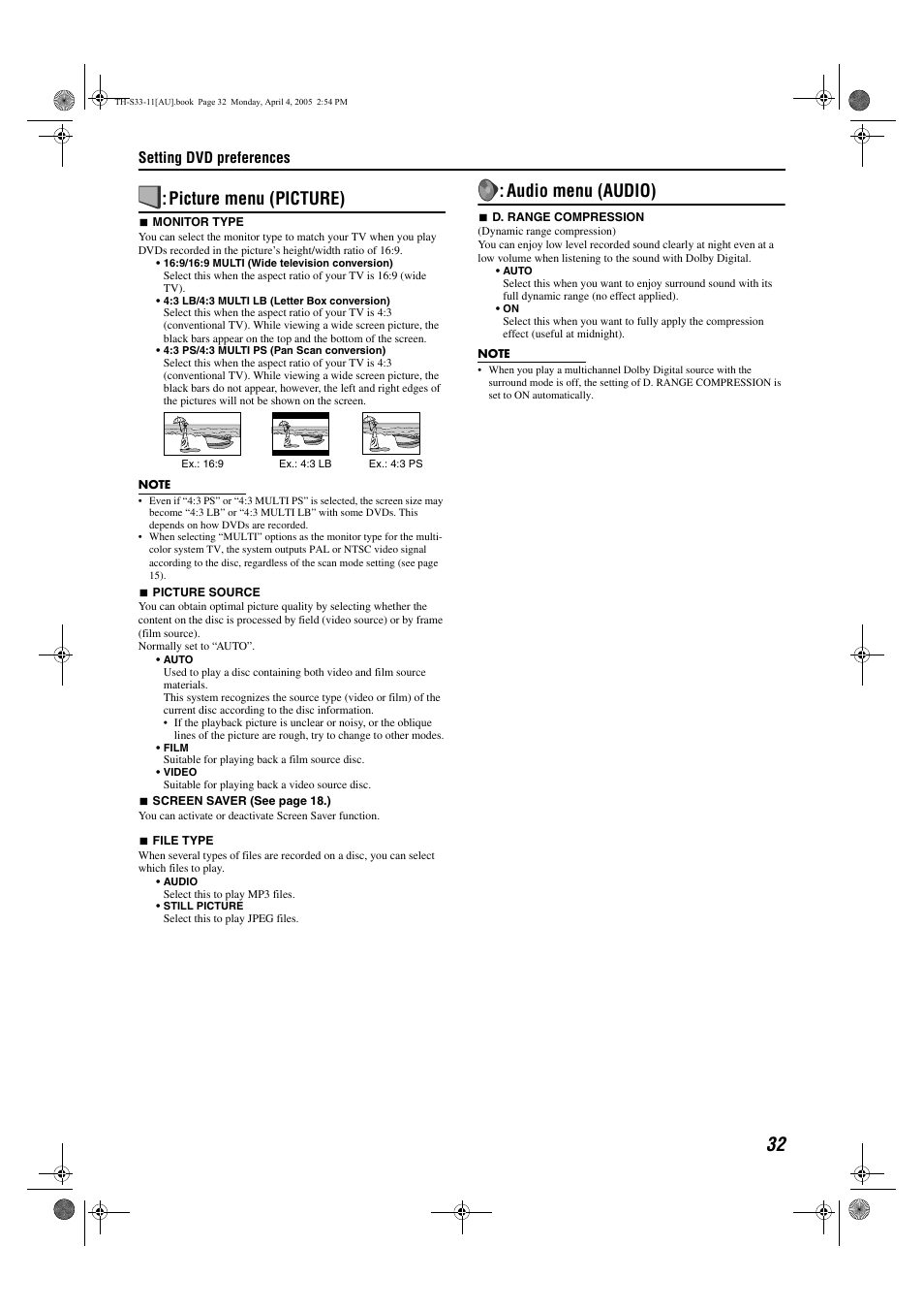 Picture menu (picture), Audio menu (audio), Setting dvd preferences | JVC TH-S33 User Manual | Page 35 / 41