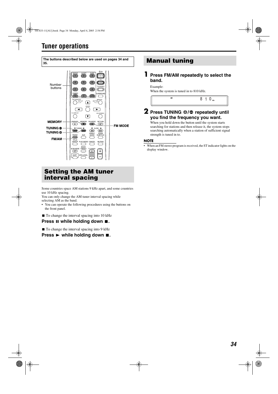 Tuner operations, Setting the am tuner interval spacing, Manual tuning | Press 8 while holding down 7, Press 3 while holding down 7, Press fm/am repeatedly to select the band, 7to change the interval spacing into 10 khz, 7to change the interval spacing into 9 khz | JVC TH-S33 User Manual | Page 37 / 41