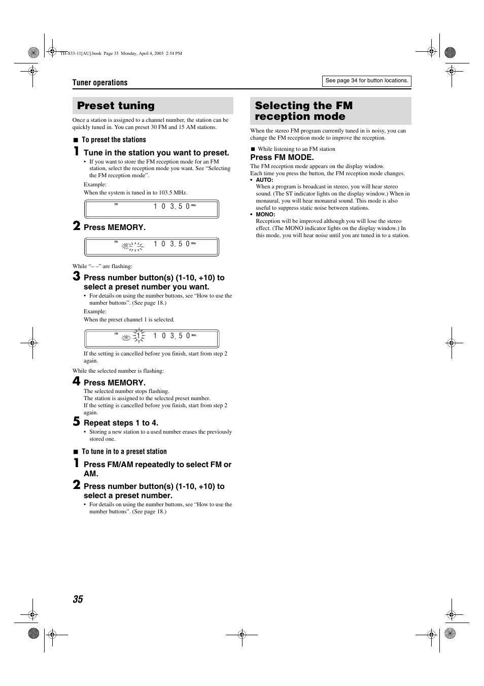 Preset tuning, Selecting the fm reception mode | JVC TH-S33 User Manual | Page 38 / 41