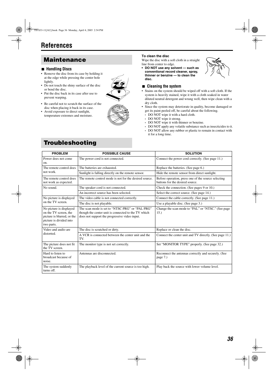 References, Maintenance troubleshooting | JVC TH-S33 User Manual | Page 39 / 41