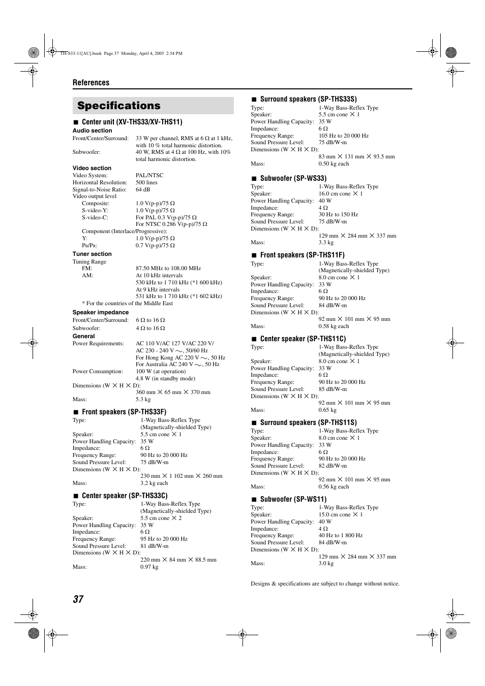 Specifications, References | JVC TH-S33 User Manual | Page 40 / 41