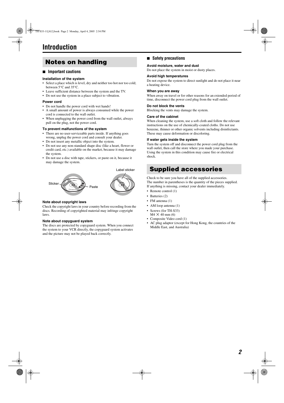 Introduction, Supplied accessories | JVC TH-S33 User Manual | Page 5 / 41