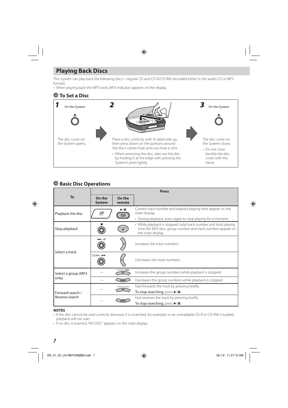 Playing back discs, To set a disc, Basic disc operations | JVC UX-NB7DAB User Manual | Page 10 / 24