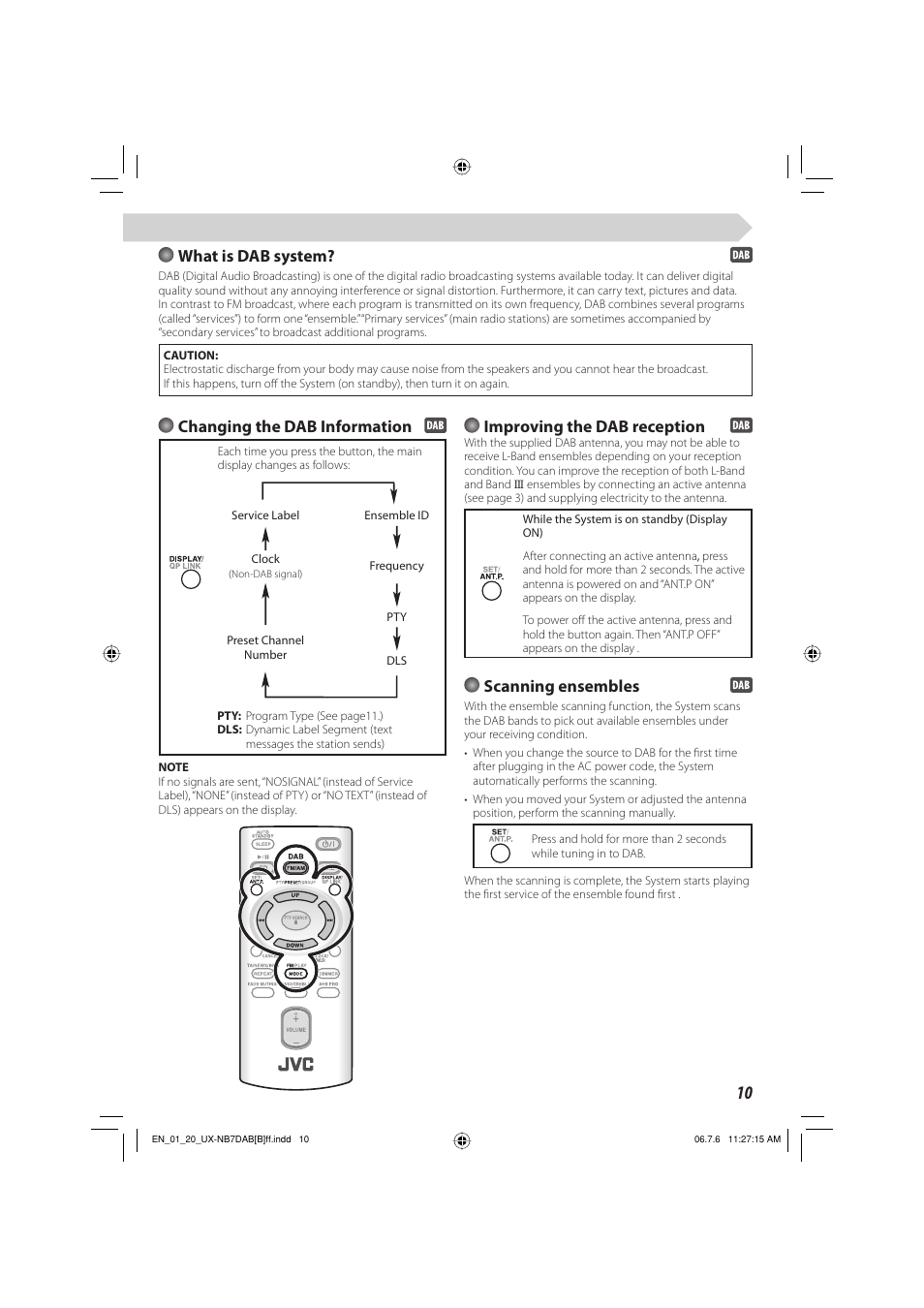 What is dab system, Changing the dab information, Improving the dab reception | Scanning ensembles | JVC UX-NB7DAB User Manual | Page 13 / 24