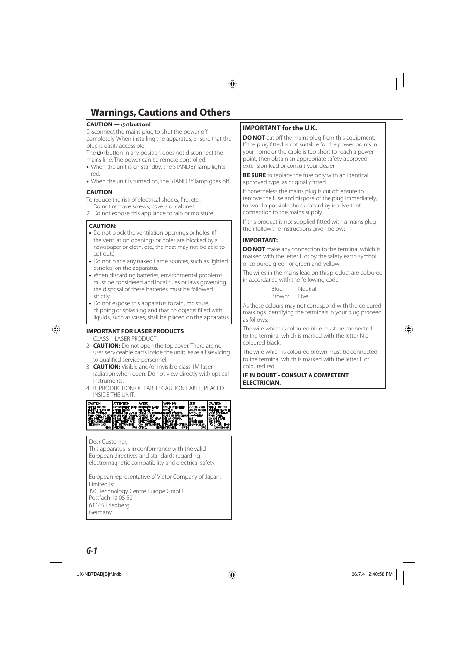 Warnings, cautions and others | JVC UX-NB7DAB User Manual | Page 2 / 24