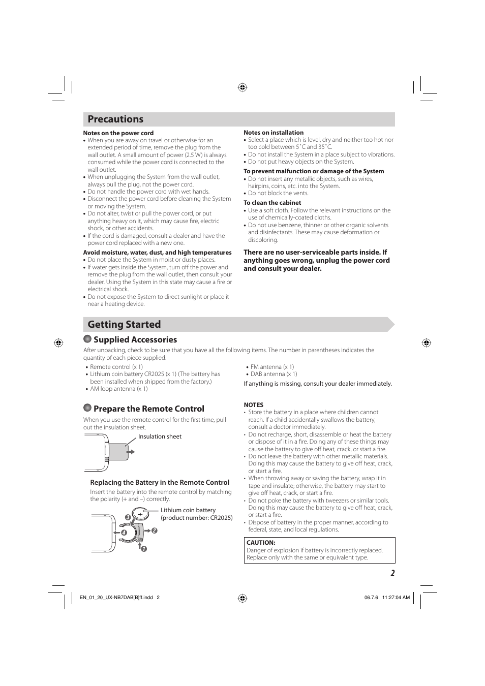 Precautions, Getting started, Supplied accessories | Prepare the remote control | JVC UX-NB7DAB User Manual | Page 5 / 24