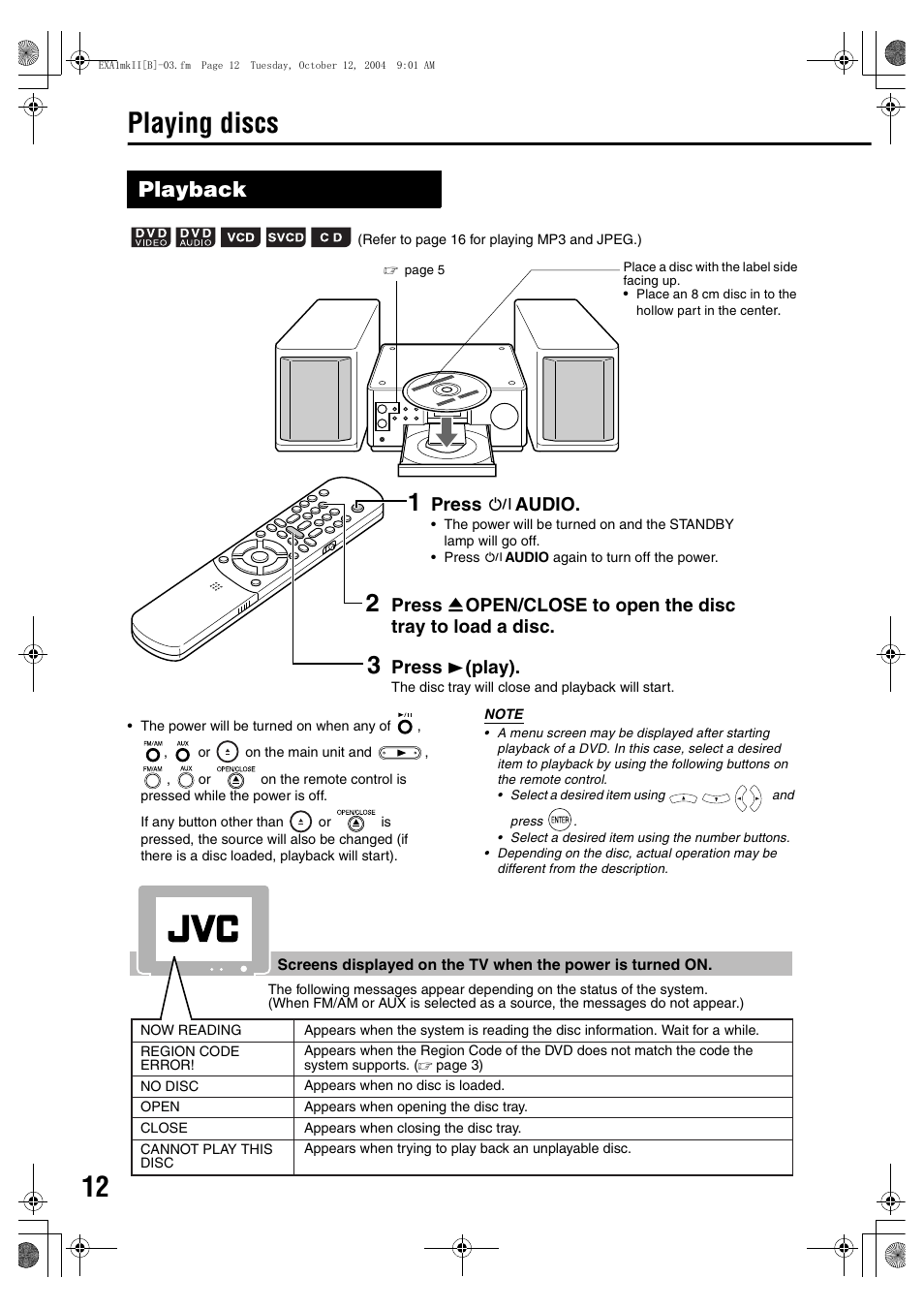 Basic operations, Playing discs, Playback | Press f audio | JVC CA-EXP1 User Manual | Page 16 / 47