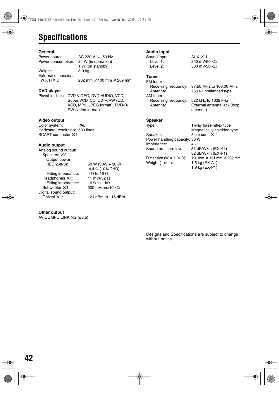 Specifications | JVC CA-EXP1 User Manual | Page 46 / 47