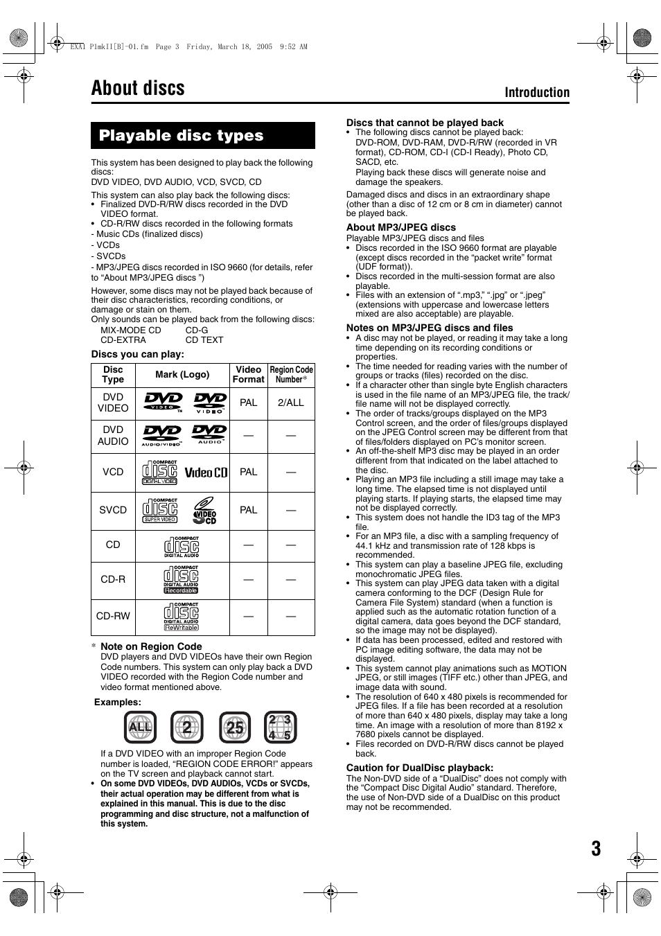 About discs, Playable disc types, Introduction | JVC CA-EXP1 User Manual | Page 7 / 47