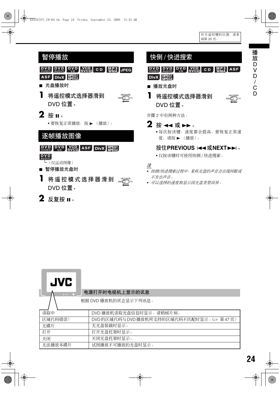 暂停播放, 逐帧播放图像, 快倒/快进搜索 | 暂停播放 逐帧播放图像, 快倒 / 快进搜索 | JVC EX-A10 User Manual | Page 27 / 56