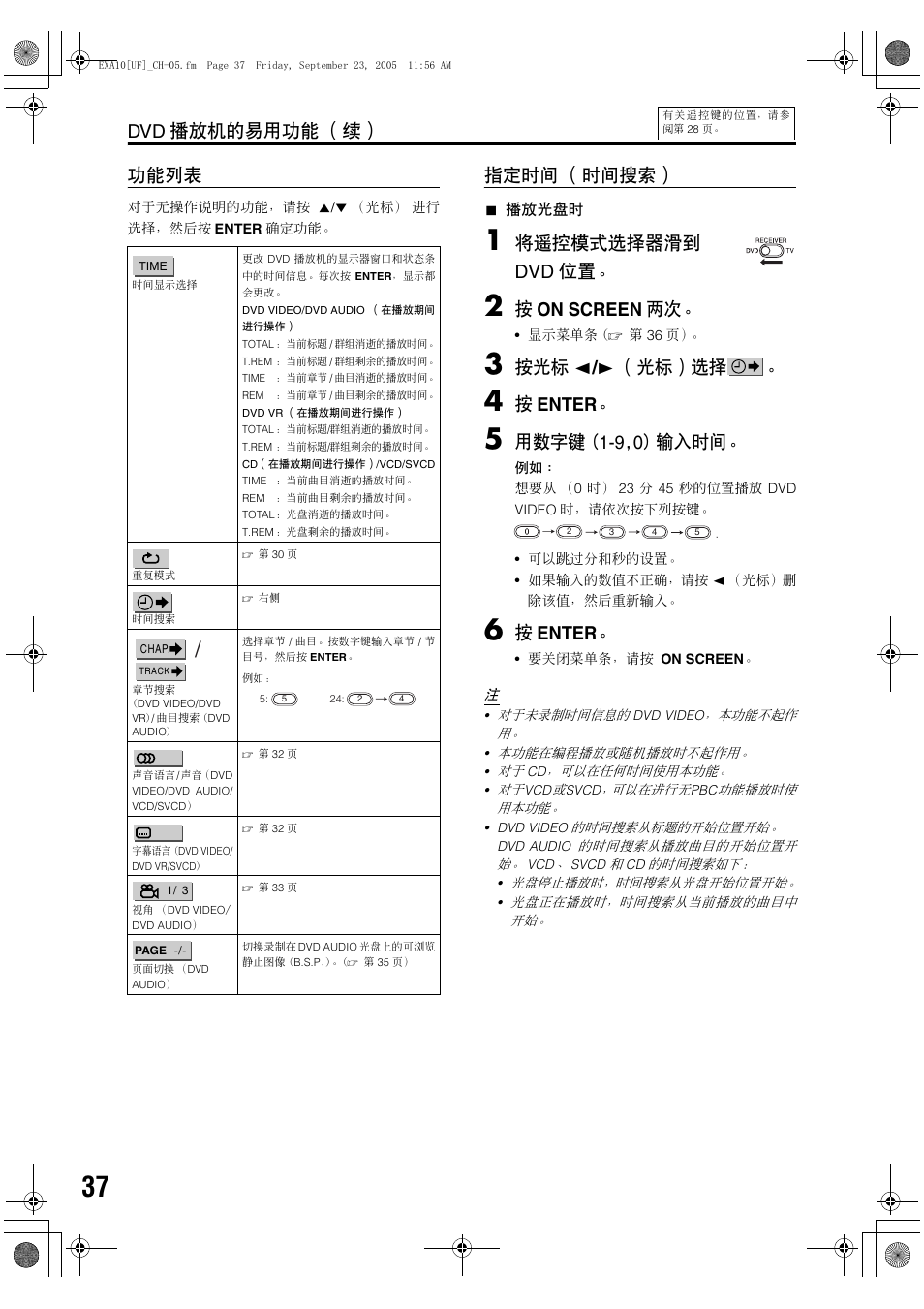 Dvd 播放机的易用功能 （续） 功能列表, 指定时间 （时间搜索, 将遥控模式选择器滑到 dvd 位置 | 按 on screen 两次, 按光标 2 / 3 （光标）选择, 按 enter, 用数字键 (1-9,0) 输入时间 | JVC EX-A10 User Manual | Page 40 / 56