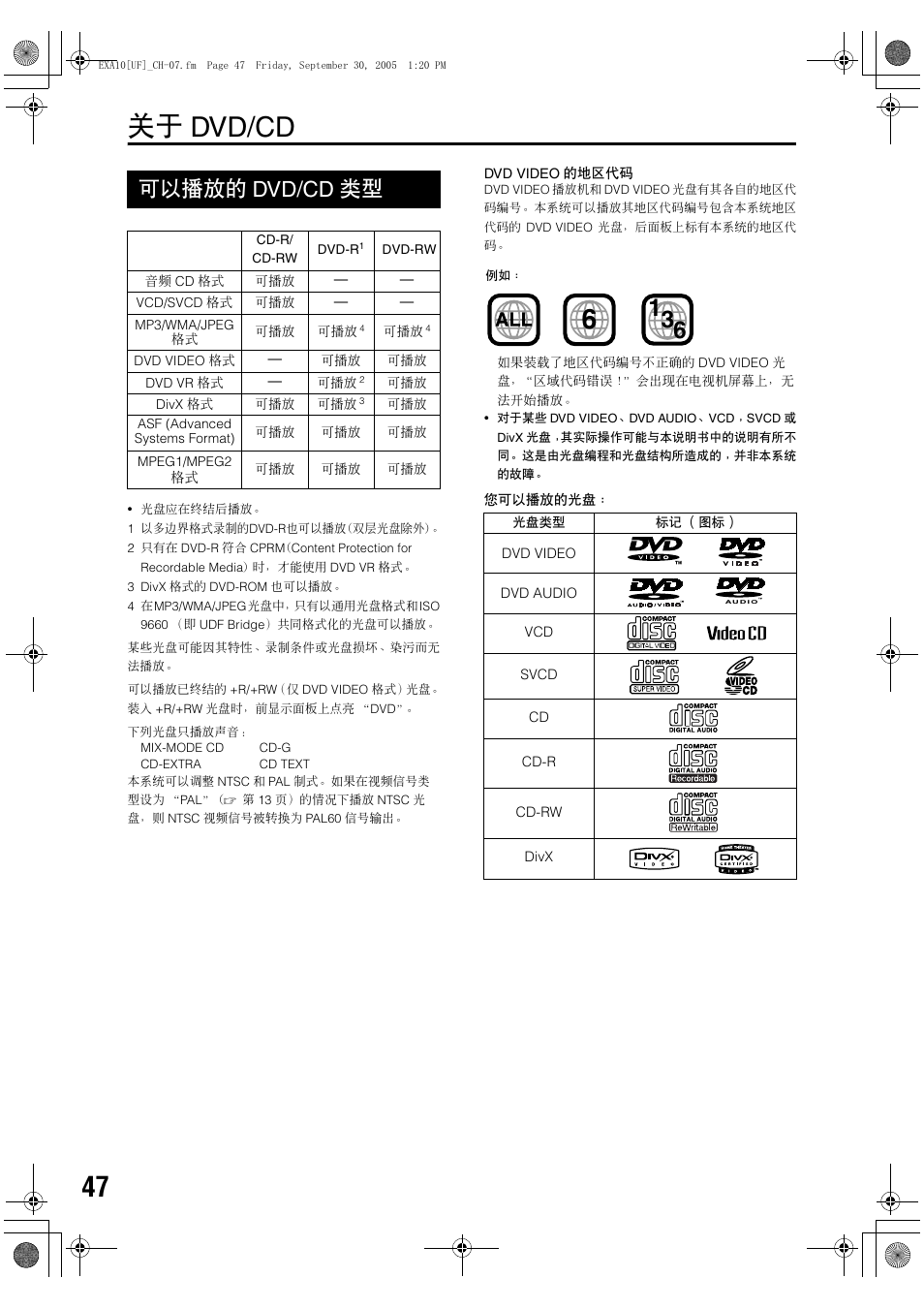 关于dvd/cd, 可以播放的dvd/cd类型, 关于 dvd/cd | 可以播放的 dvd/cd 类型 | JVC EX-A10 User Manual | Page 50 / 56