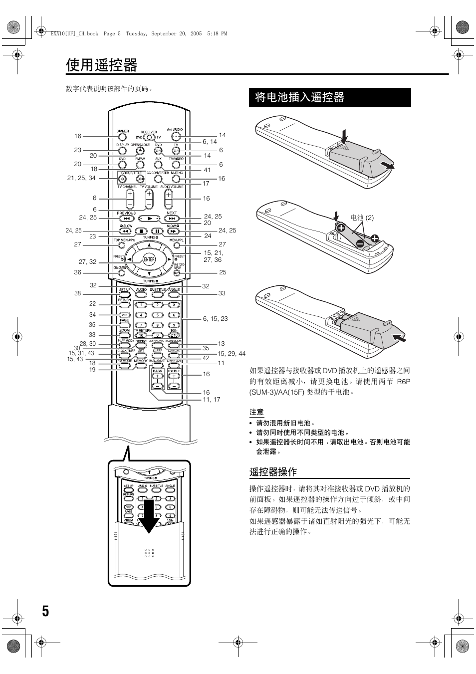 使用遥控器, 将电池插入遥控器, 遥控器操作 | JVC EX-A10 User Manual | Page 8 / 56