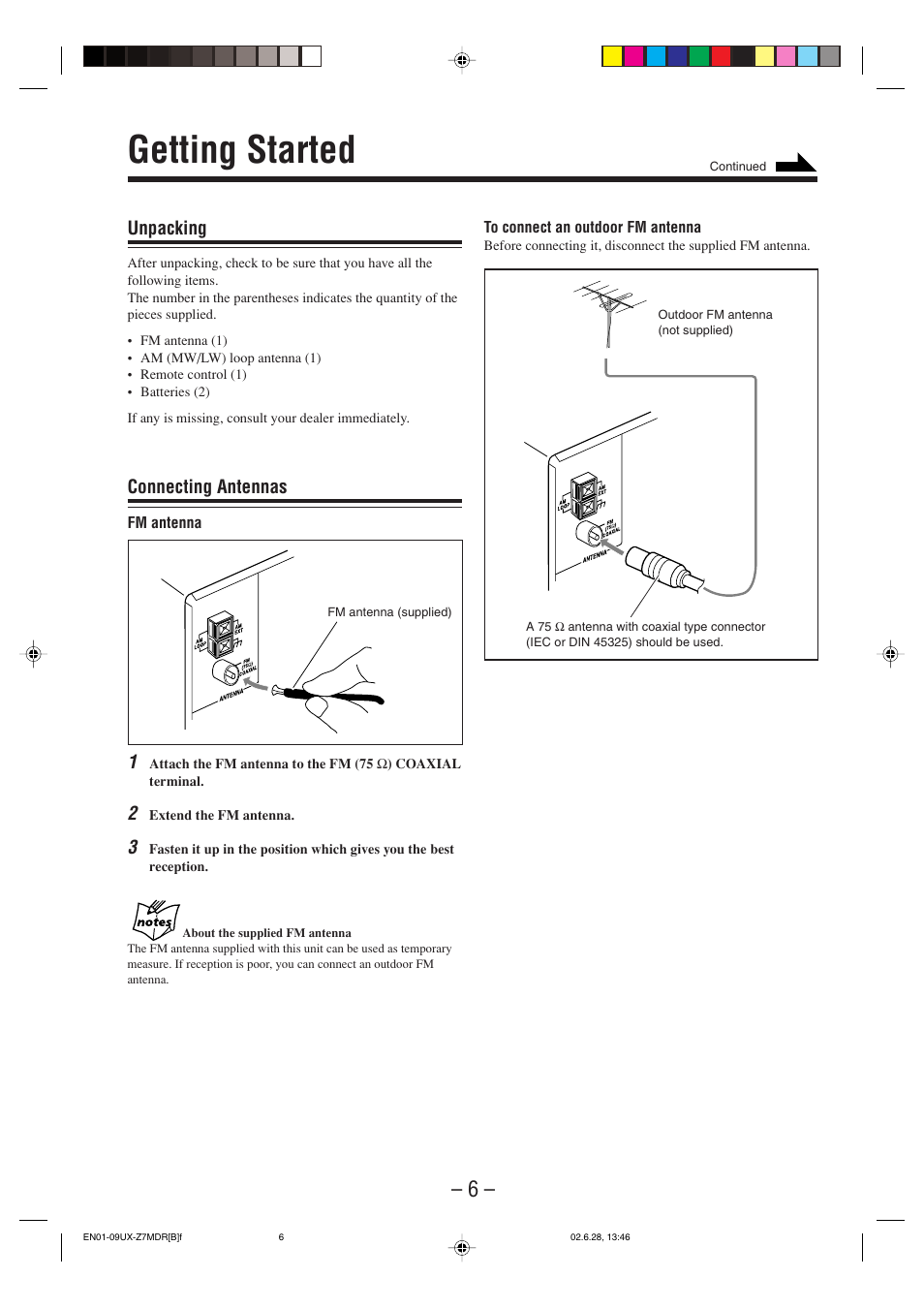 Getting started, Unpacking, Connecting antennas | JVC UX-Z7MDR User Manual | Page 11 / 78