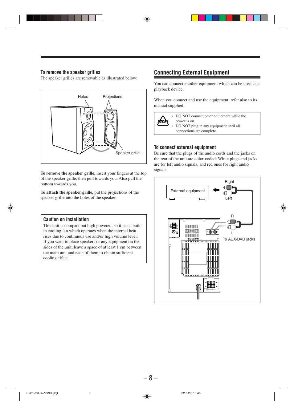 Connecting external equipment, Caution on installation | JVC UX-Z7MDR User Manual | Page 13 / 78