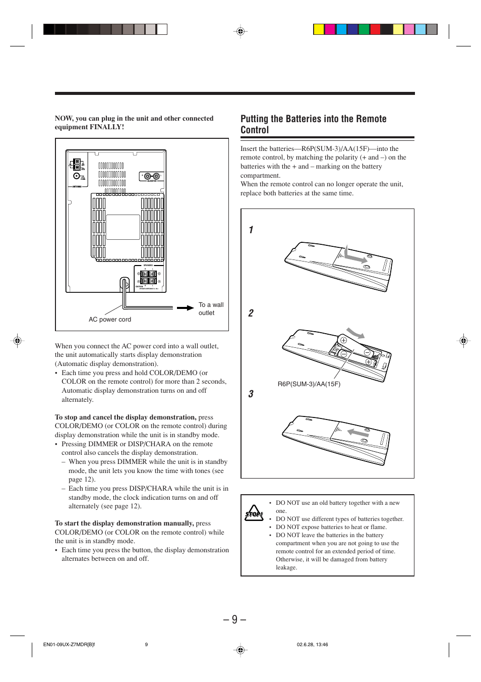 Putting the batteries into the remote control | JVC UX-Z7MDR User Manual | Page 14 / 78