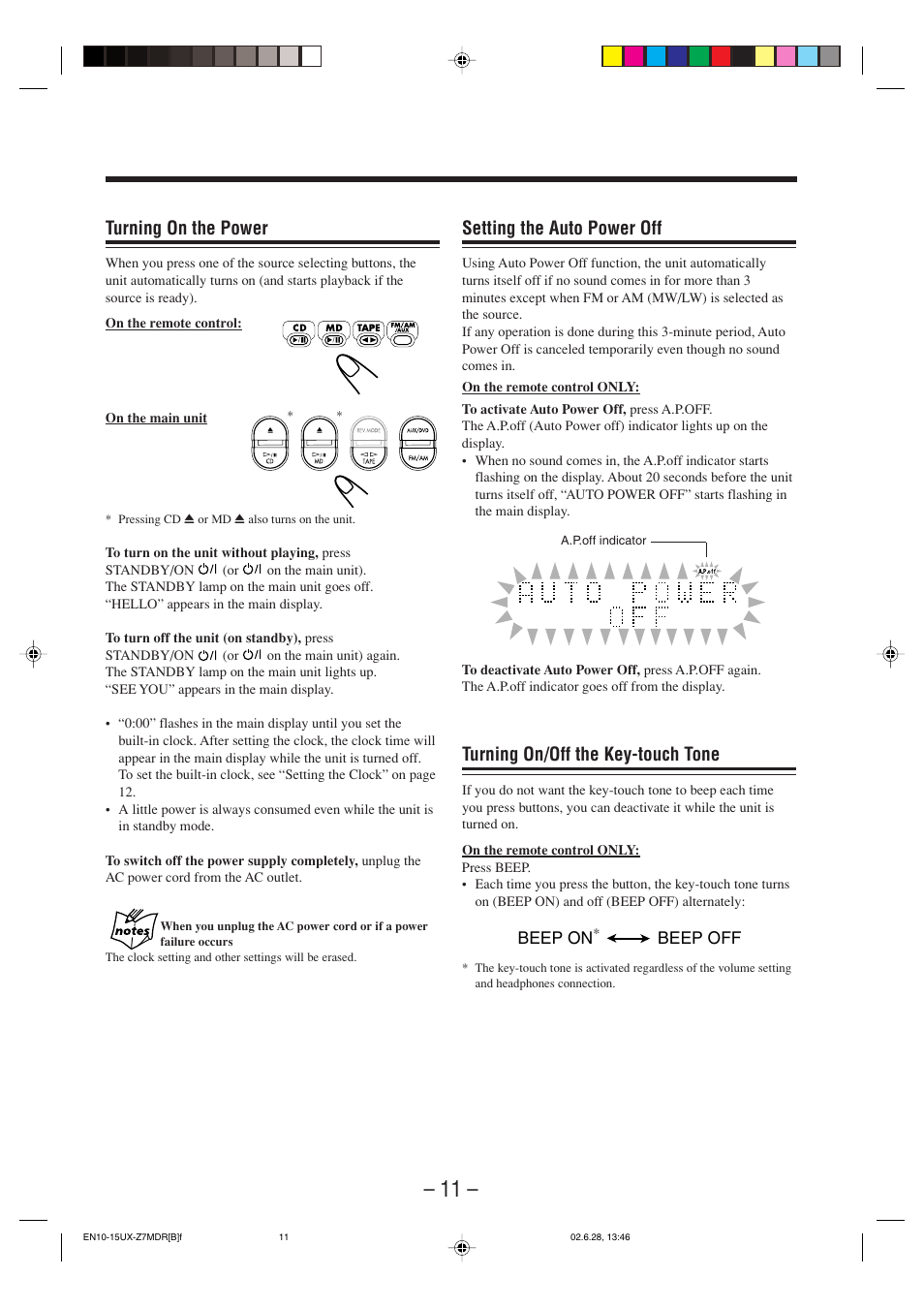 Setting the auto power off, Turning on/off the key-touch tone, Turning on the power | JVC UX-Z7MDR User Manual | Page 16 / 78