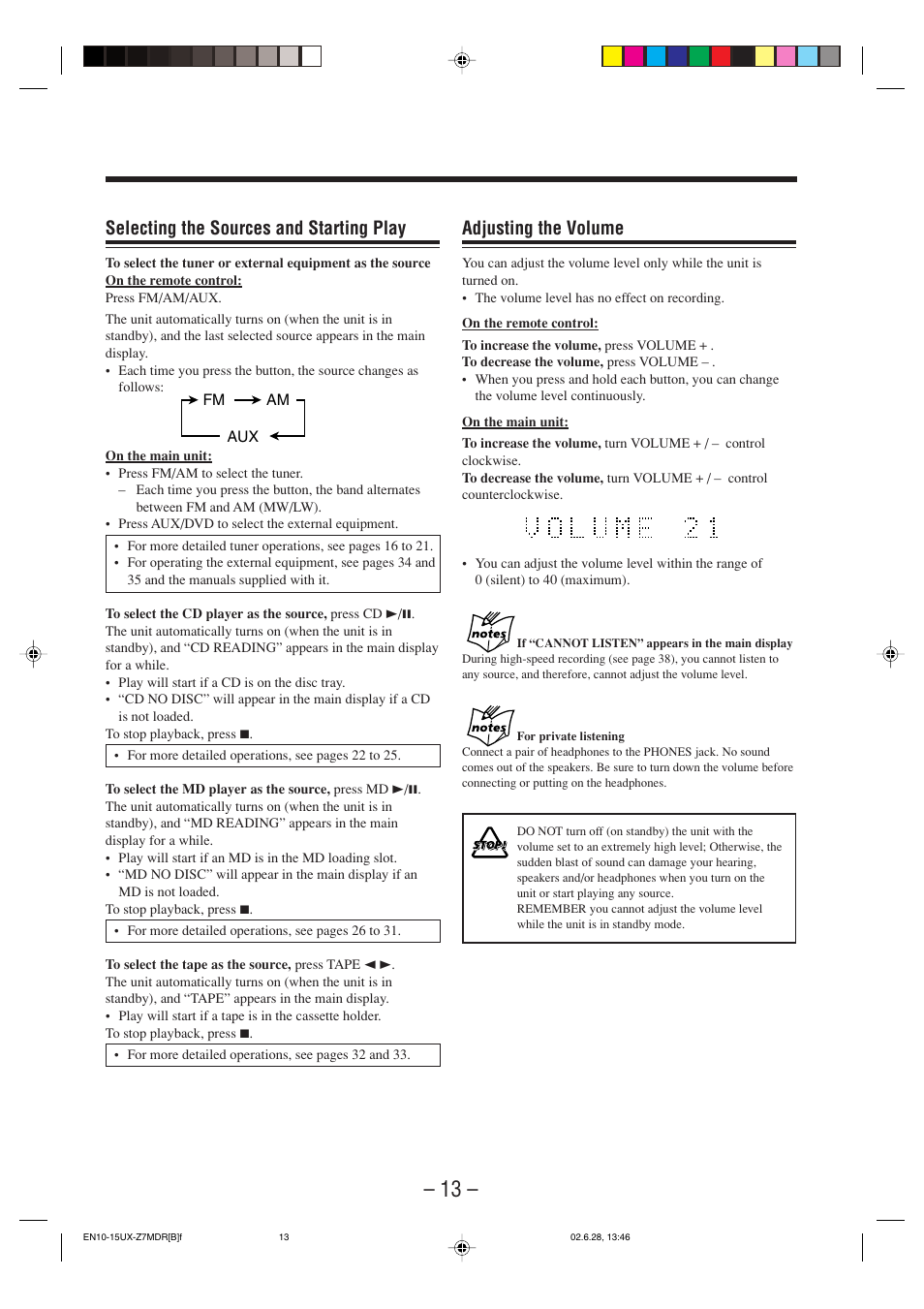 Adjusting the volume, Selecting the sources and starting play | JVC UX-Z7MDR User Manual | Page 18 / 78