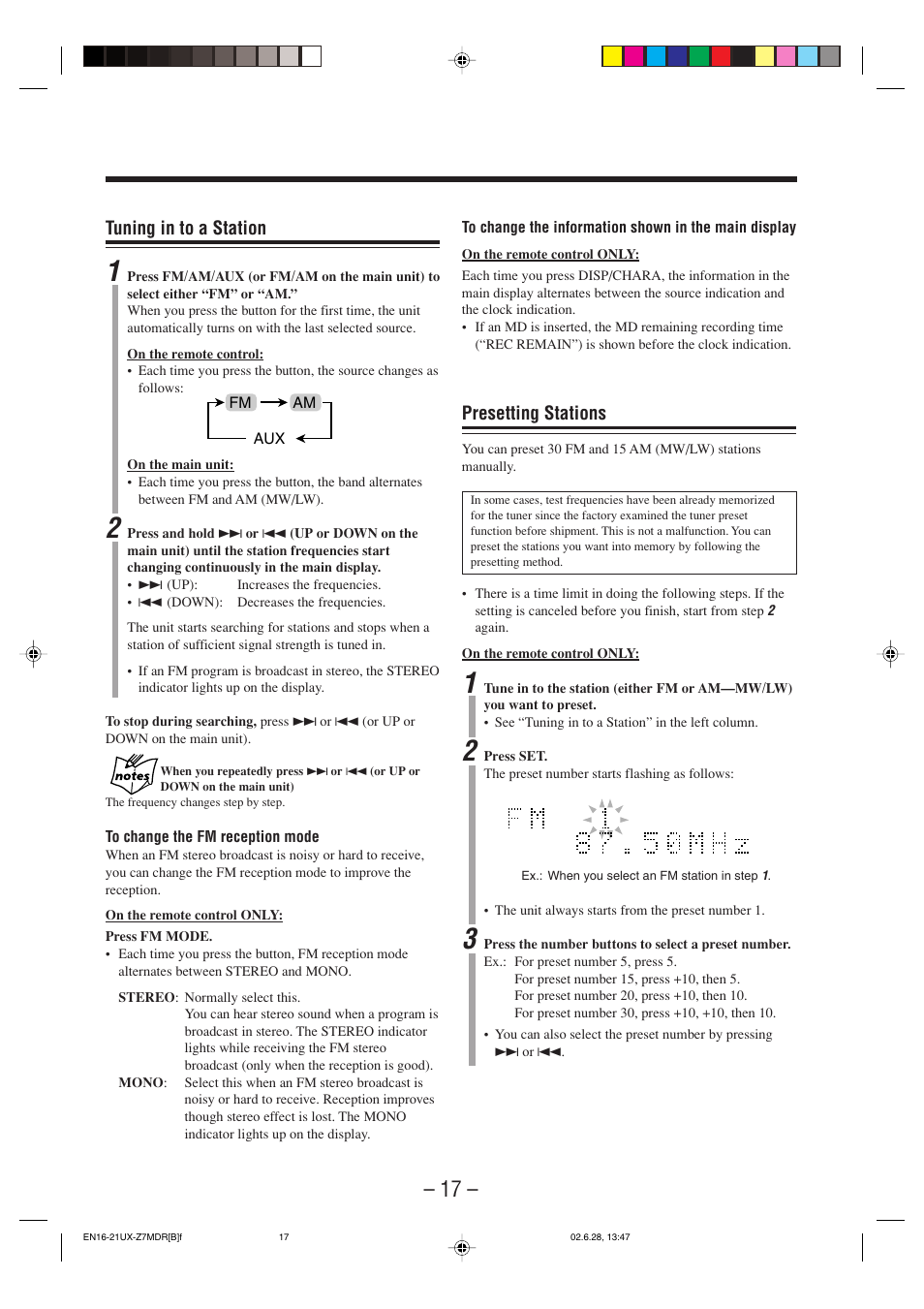 Presetting stations, Tuning in to a station | JVC UX-Z7MDR User Manual | Page 22 / 78