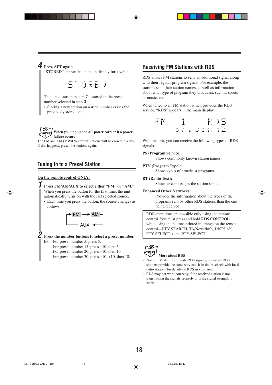 Tuning in to a preset station, Receiving fm stations with rds | JVC UX-Z7MDR User Manual | Page 23 / 78