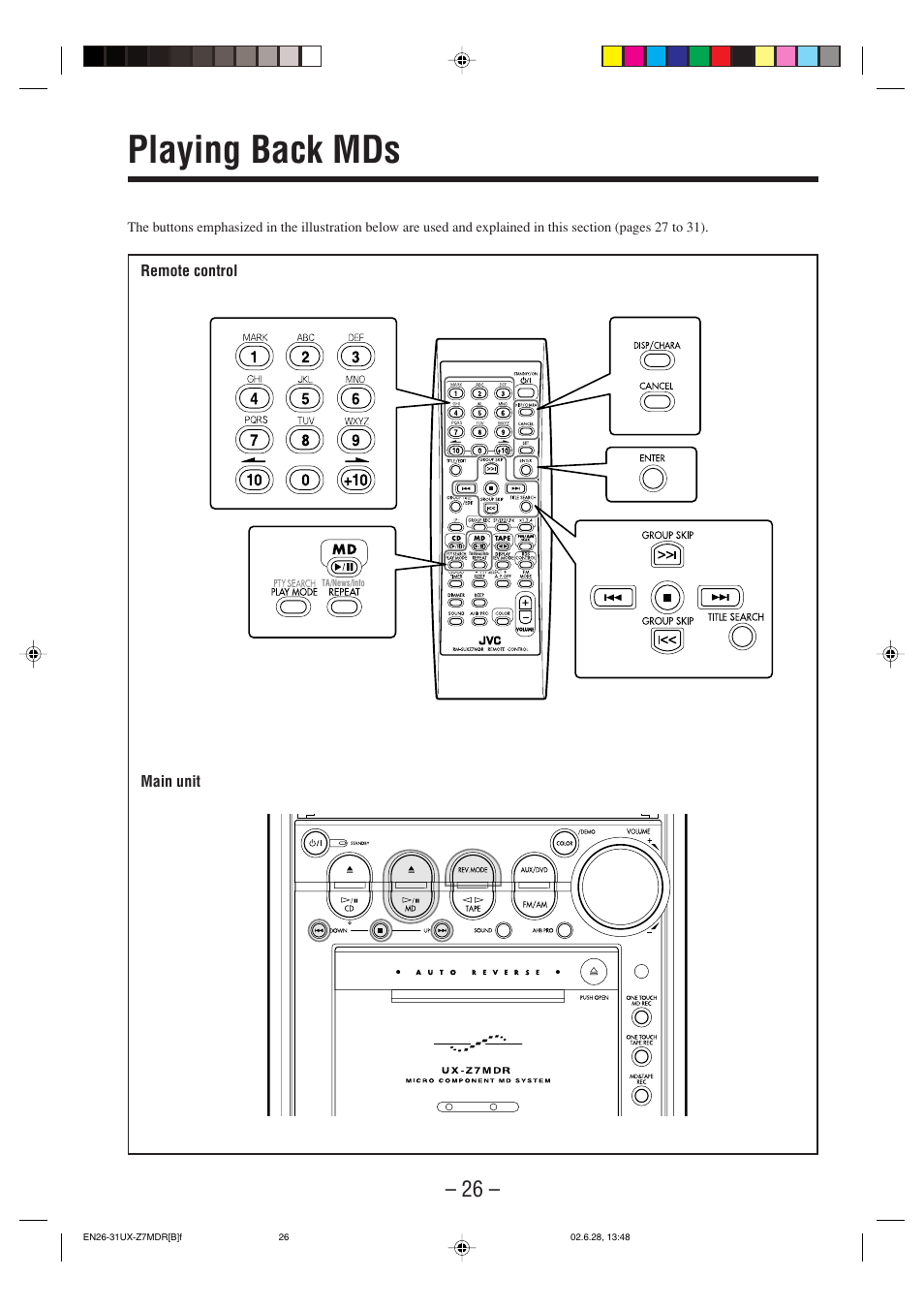 Playing back mds | JVC UX-Z7MDR User Manual | Page 31 / 78