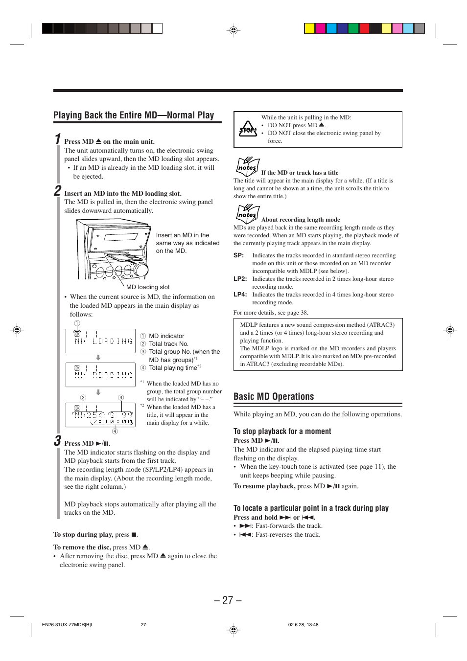 Basic md operations, Playing back the entire md—normal play | JVC UX-Z7MDR User Manual | Page 32 / 78