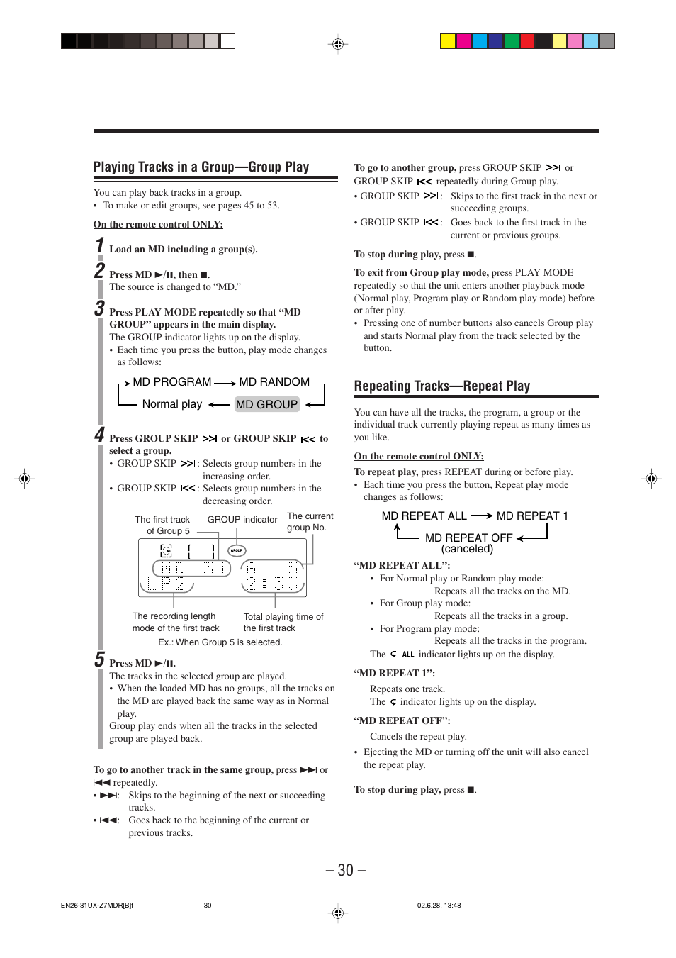 Repeating tracks—repeat play, Playing tracks in a group—group play | JVC UX-Z7MDR User Manual | Page 35 / 78