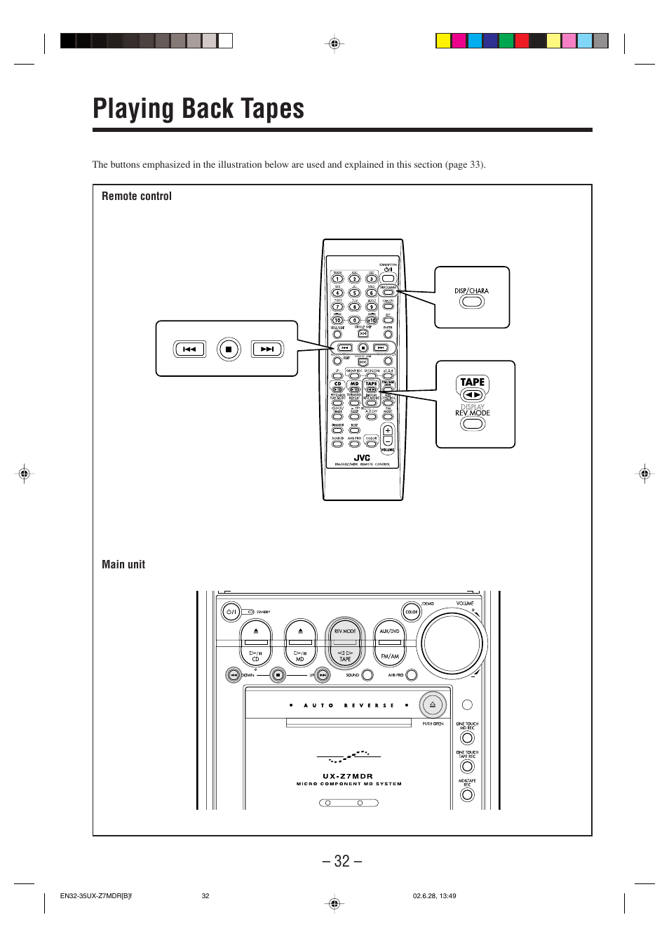 Playing back tapes | JVC UX-Z7MDR User Manual | Page 37 / 78