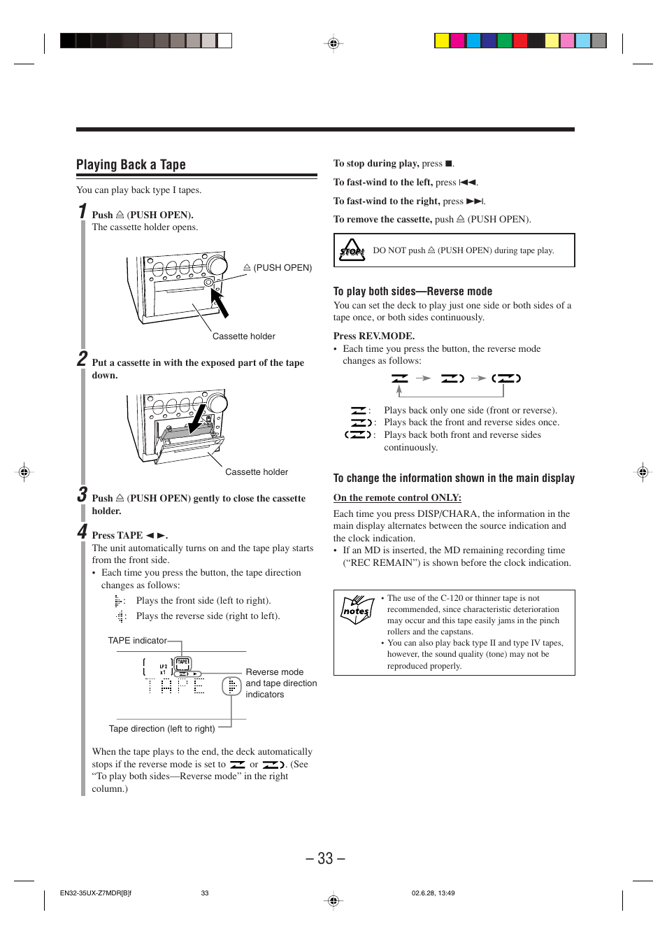 Playing back a tape | JVC UX-Z7MDR User Manual | Page 38 / 78