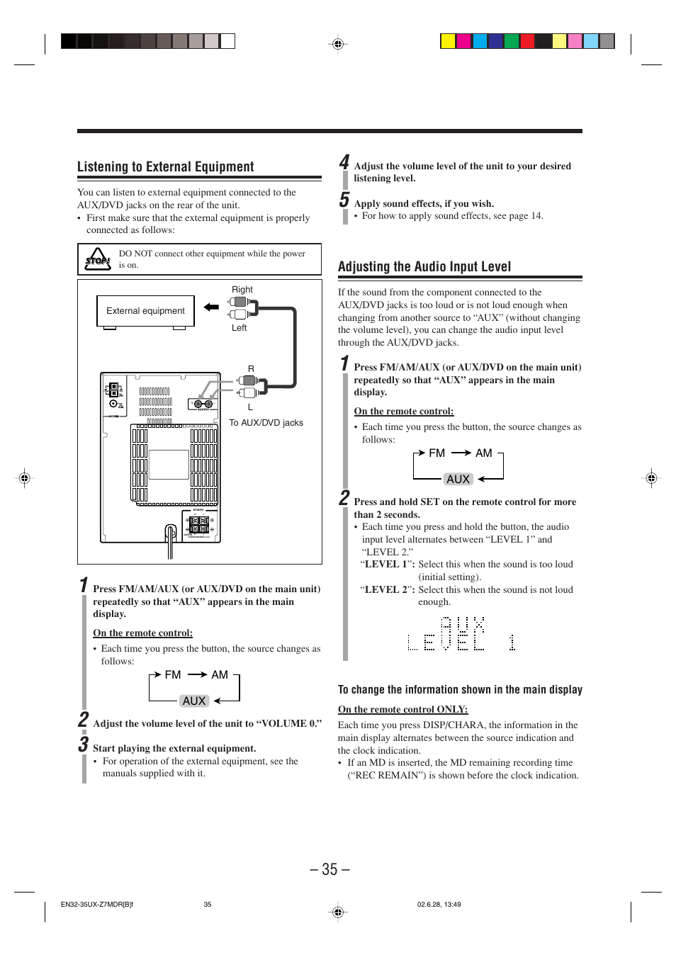 Adjusting the audio input level, Listening to external equipment | JVC UX-Z7MDR User Manual | Page 40 / 78