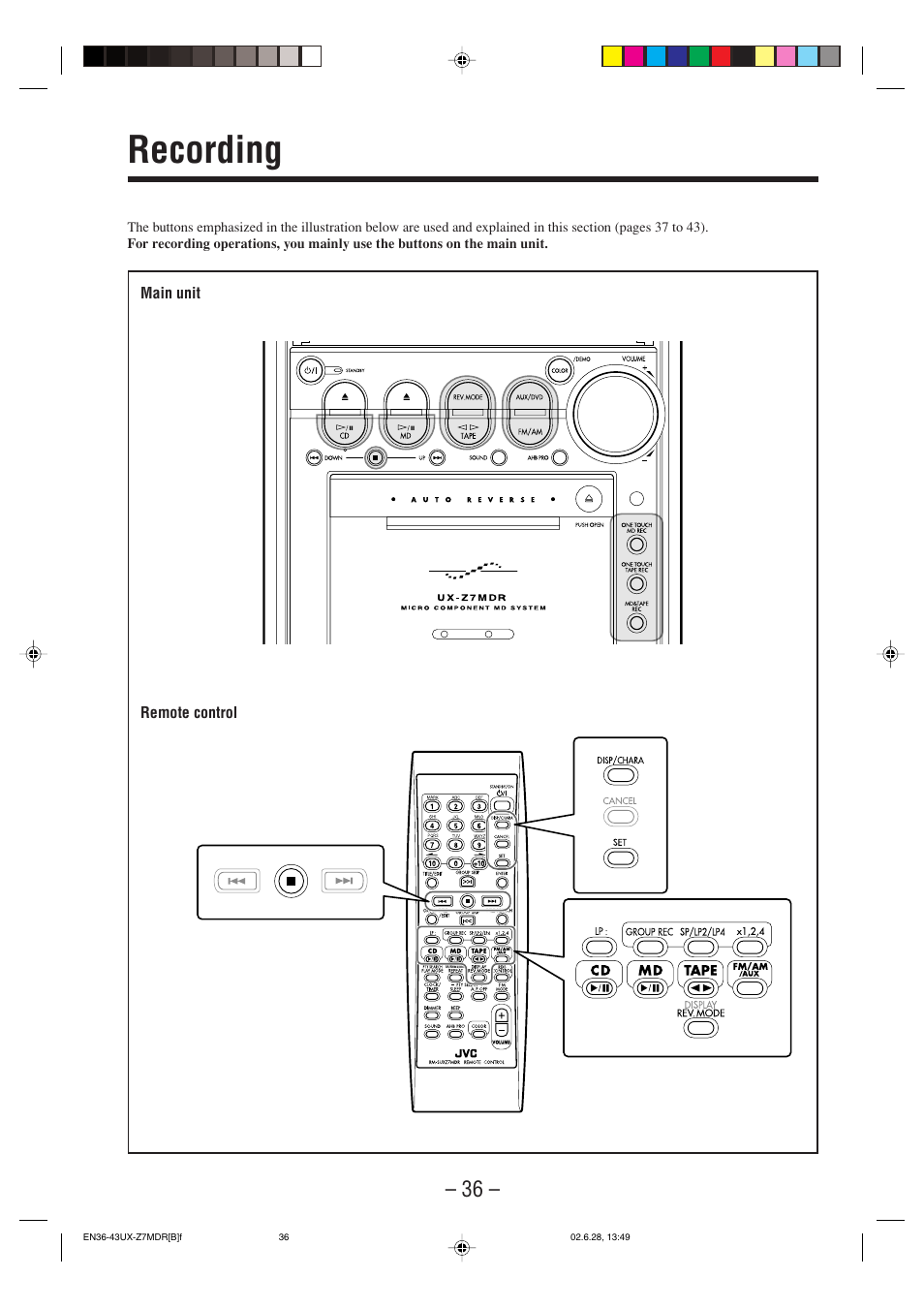 Recording | JVC UX-Z7MDR User Manual | Page 41 / 78