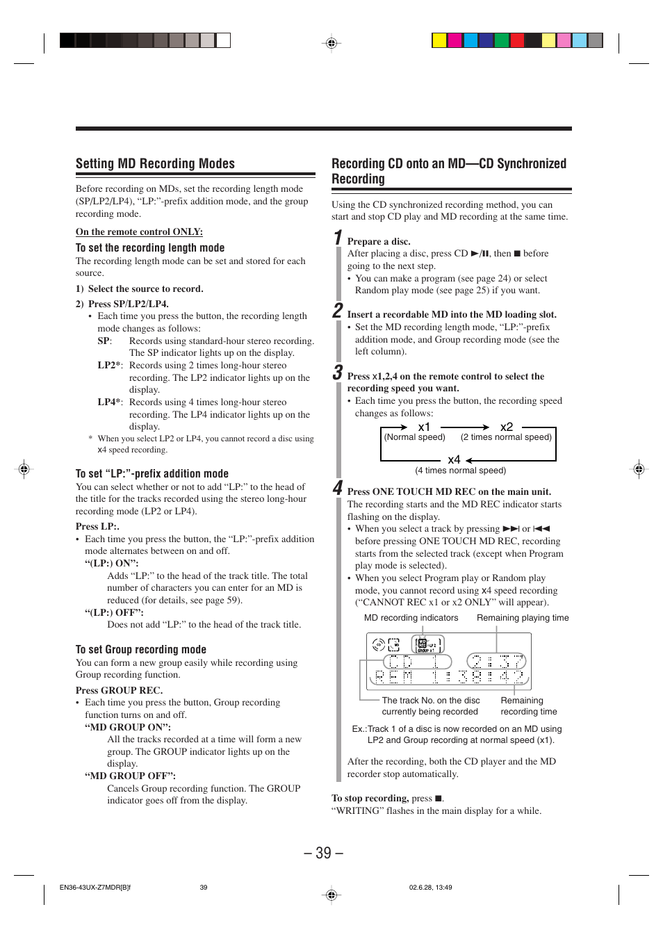 Recording cd onto an md—cd synchronized recording, Setting md recording modes | JVC UX-Z7MDR User Manual | Page 44 / 78