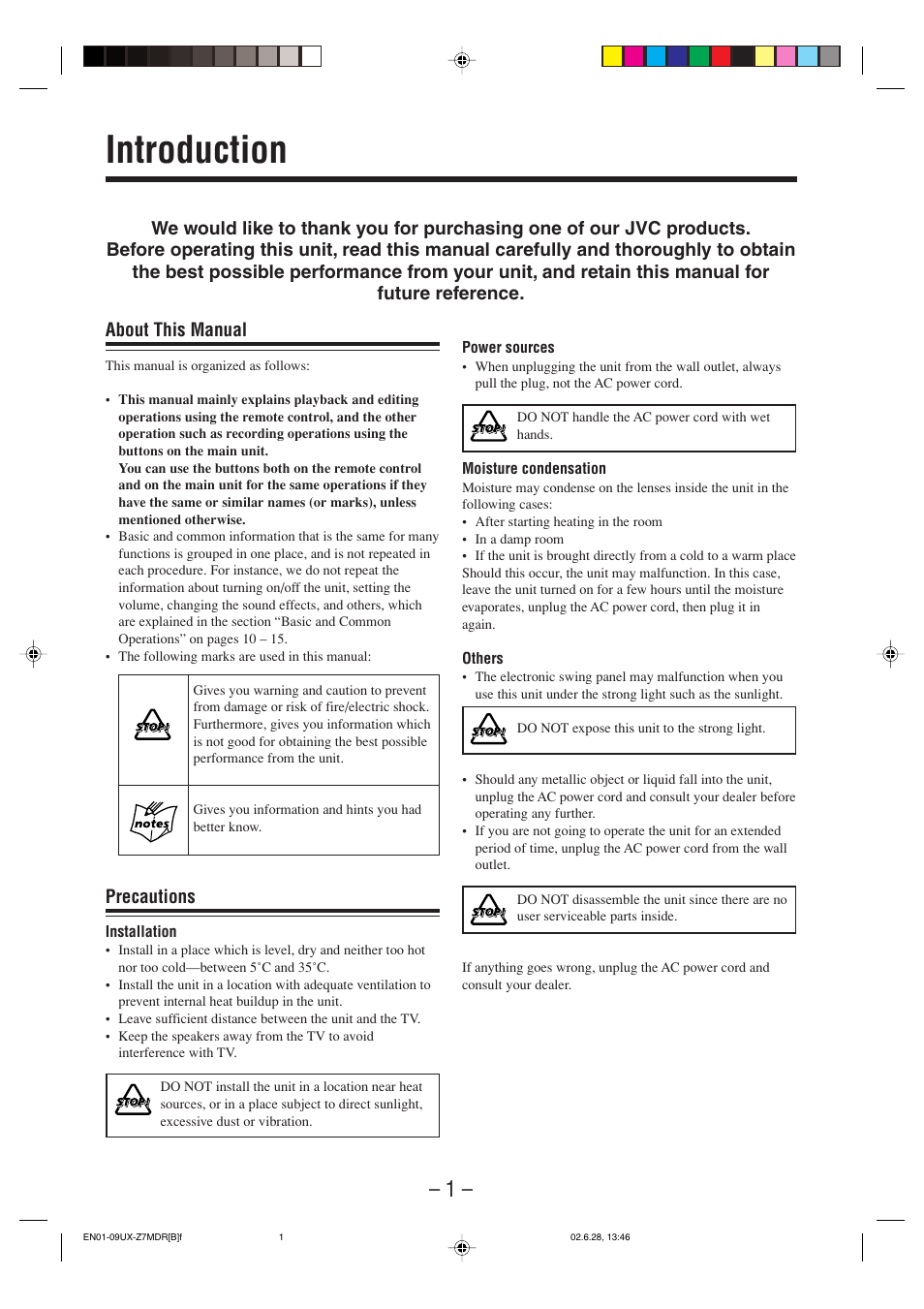 Introduction, About this manual, Precautions | JVC UX-Z7MDR User Manual | Page 6 / 78