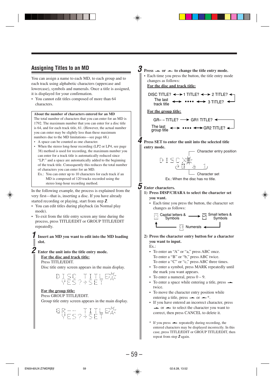 Assigning titles to an md | JVC UX-Z7MDR User Manual | Page 64 / 78