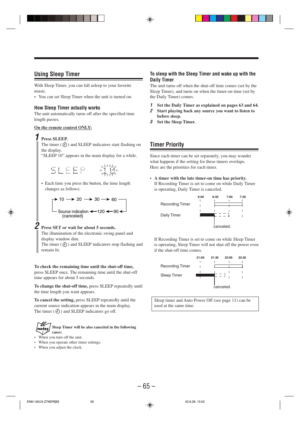 Using sleep timer, Timer priority | JVC UX-Z7MDR User Manual | Page 70 / 78