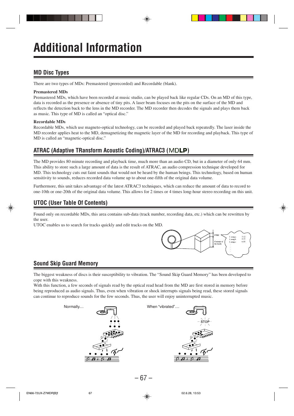 Additional information, Md disc types, Utoc (user table of contents) | JVC UX-Z7MDR User Manual | Page 72 / 78