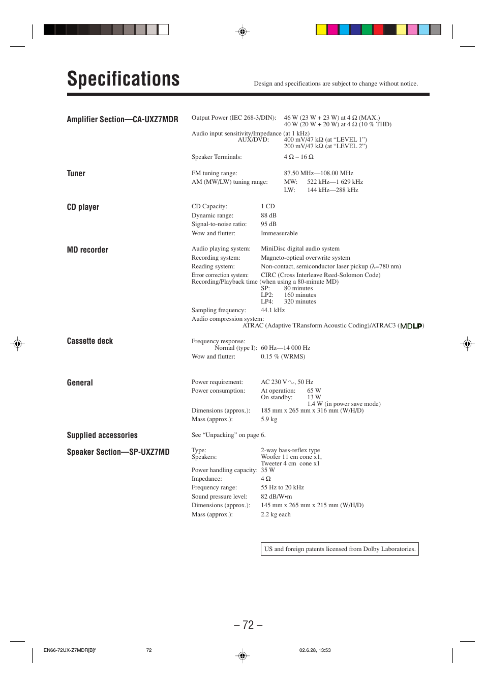 Specifications | JVC UX-Z7MDR User Manual | Page 77 / 78