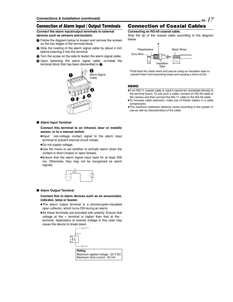 Connection of alarm input / output terminals, Connection of coaxial cables | JVC LWT0254-001B-H User Manual | Page 17 / 44