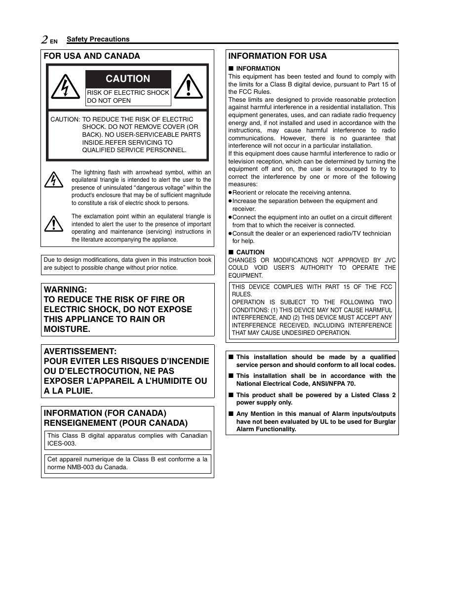Caution, For usa and canada, Information for usa | JVC LWT0254-001B-H User Manual | Page 2 / 44