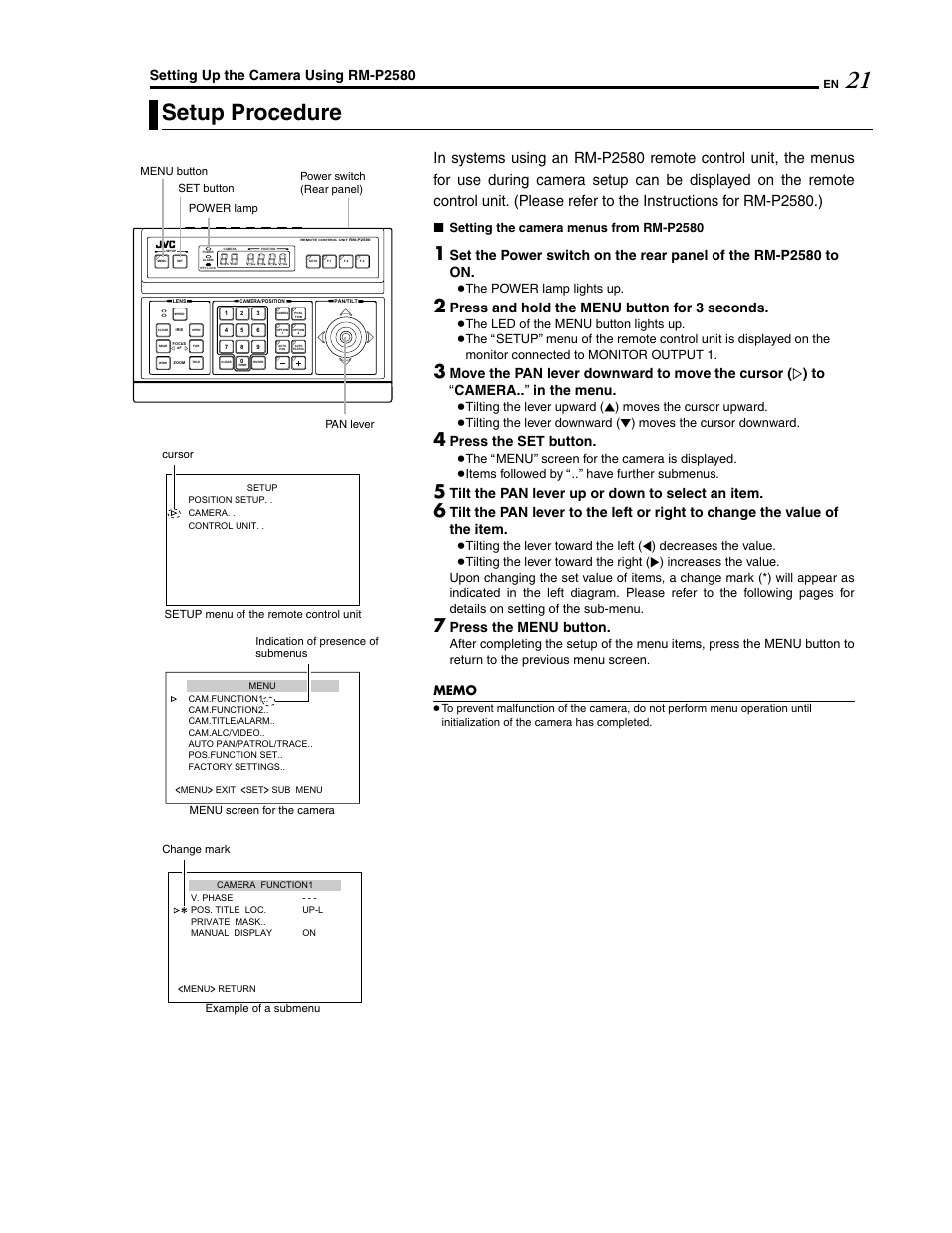 Setup procedure, Setting up the camera using rm-p2580, Press and hold the menu button for 3 seconds | Press the set button, Tilt the pan lever up or down to select an item, Press the menu button | JVC LWT0254-001B-H User Manual | Page 21 / 44