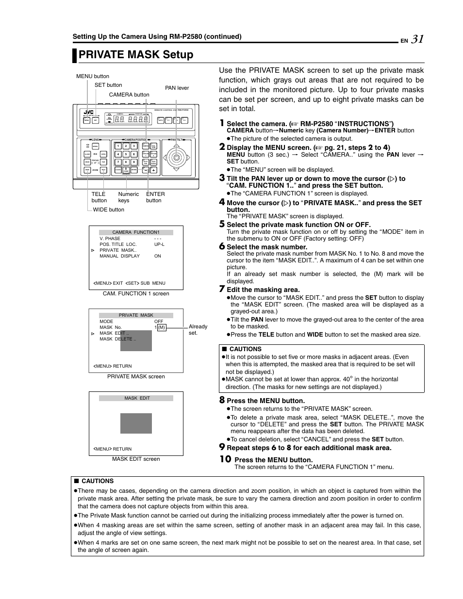 Private mask setup, Setting up the camera using rm-p2580 (continued), Select the camera. ( a rm-p2580 a instructions b ) | Display the menu screen. ( a pg. 21, steps 2 to 4), Select the private mask function on or off, Select the mask number, Edit the masking area, Press the menu button, Repeat steps 6 to 8 for each additional mask area | JVC LWT0254-001B-H User Manual | Page 31 / 44