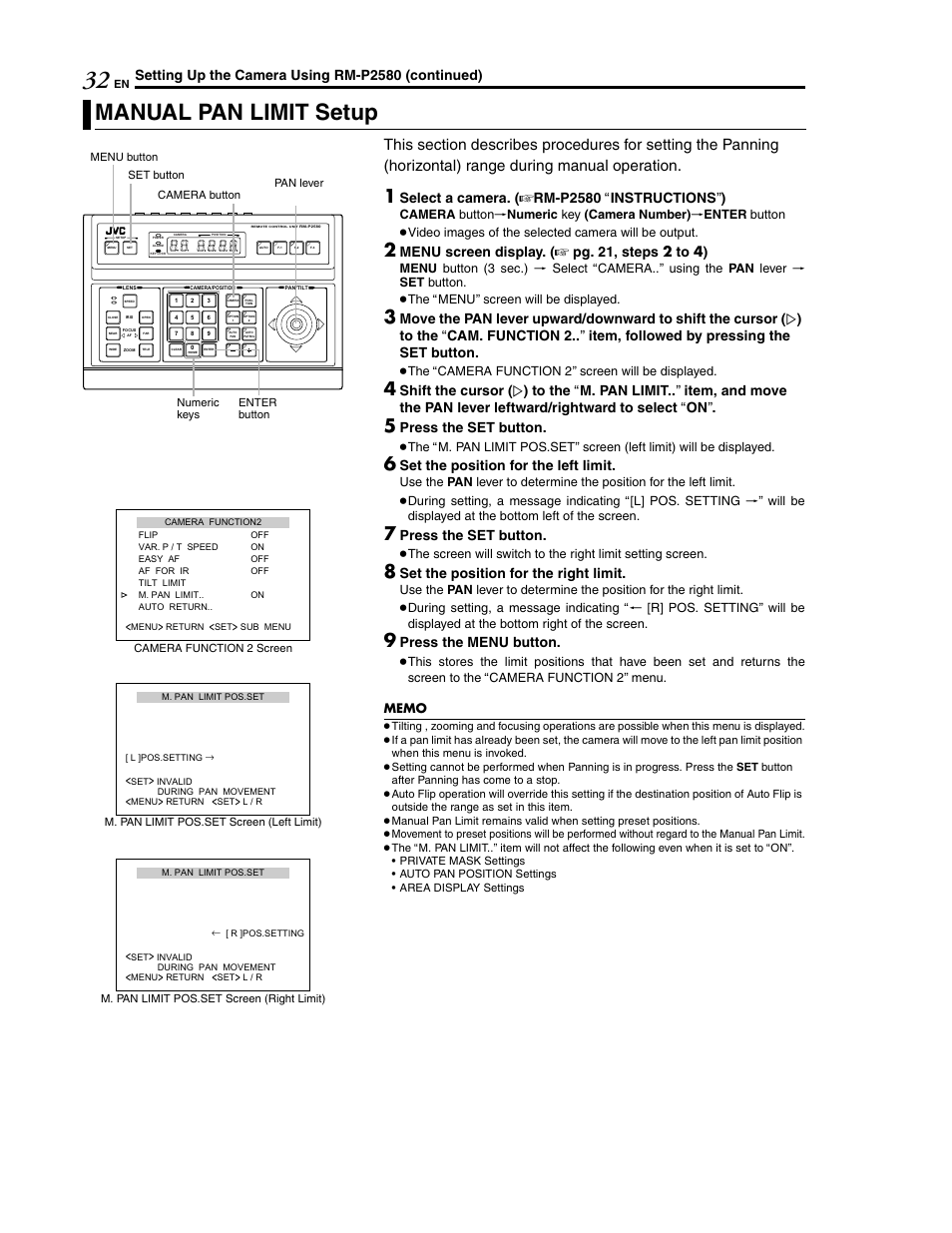 Manual pan limit setup, Setting up the camera using rm-p2580 (continued), Select a camera. ( a rm-p2580 a instructions b ) | Menu screen display. ( a pg. 21, steps 2 to 4), Press the set button, Set the position for the left limit, Set the position for the right limit, Press the menu button | JVC LWT0254-001B-H User Manual | Page 32 / 44