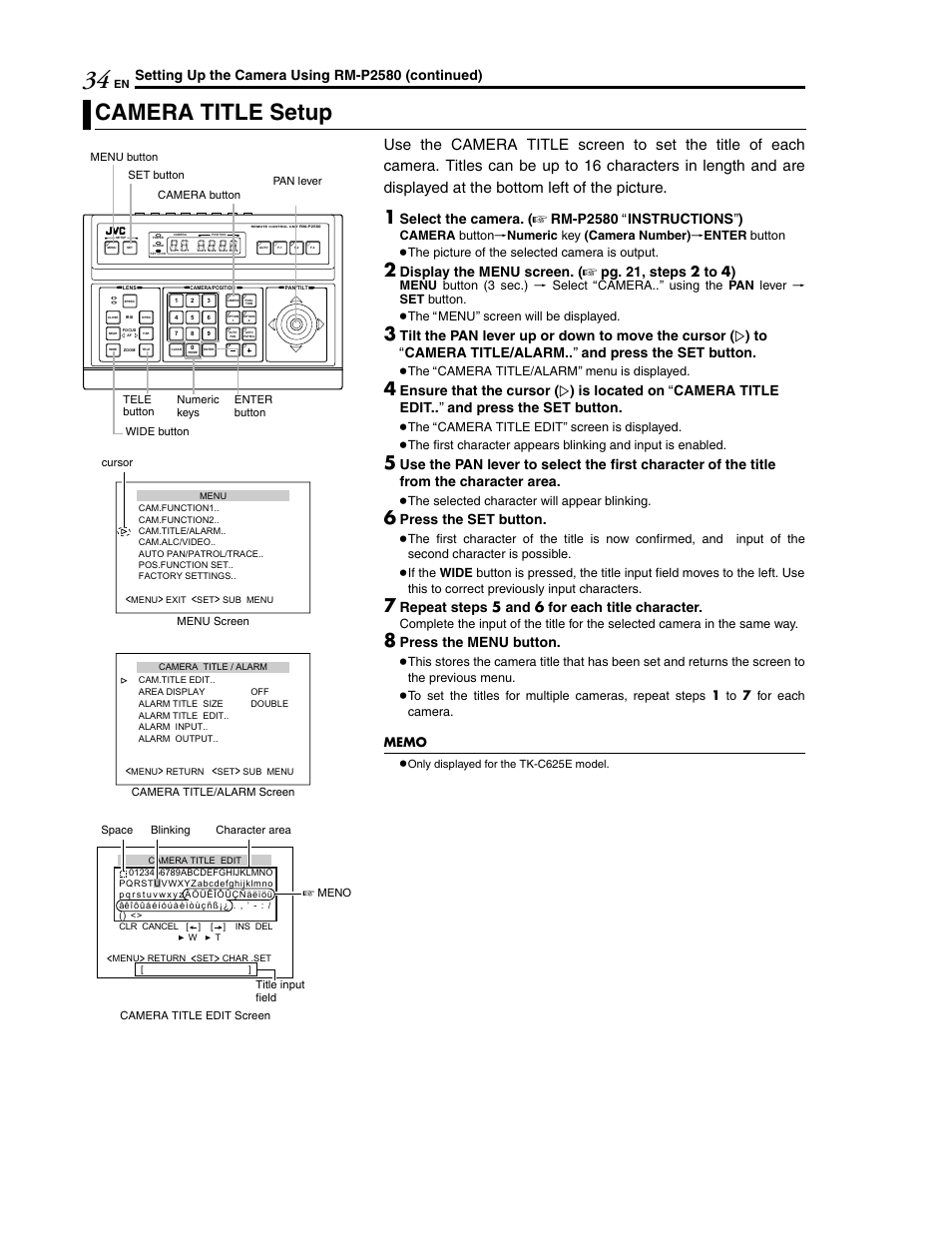Camera title setup, Setting up the camera using rm-p2580 (continued), Select the camera. ( a rm-p2580 a instructions b ) | Display the menu screen. ( a pg. 21, steps 2 to 4), Press the set button, Repeat steps 5 and 6 for each title character, Press the menu button | JVC LWT0254-001B-H User Manual | Page 34 / 44