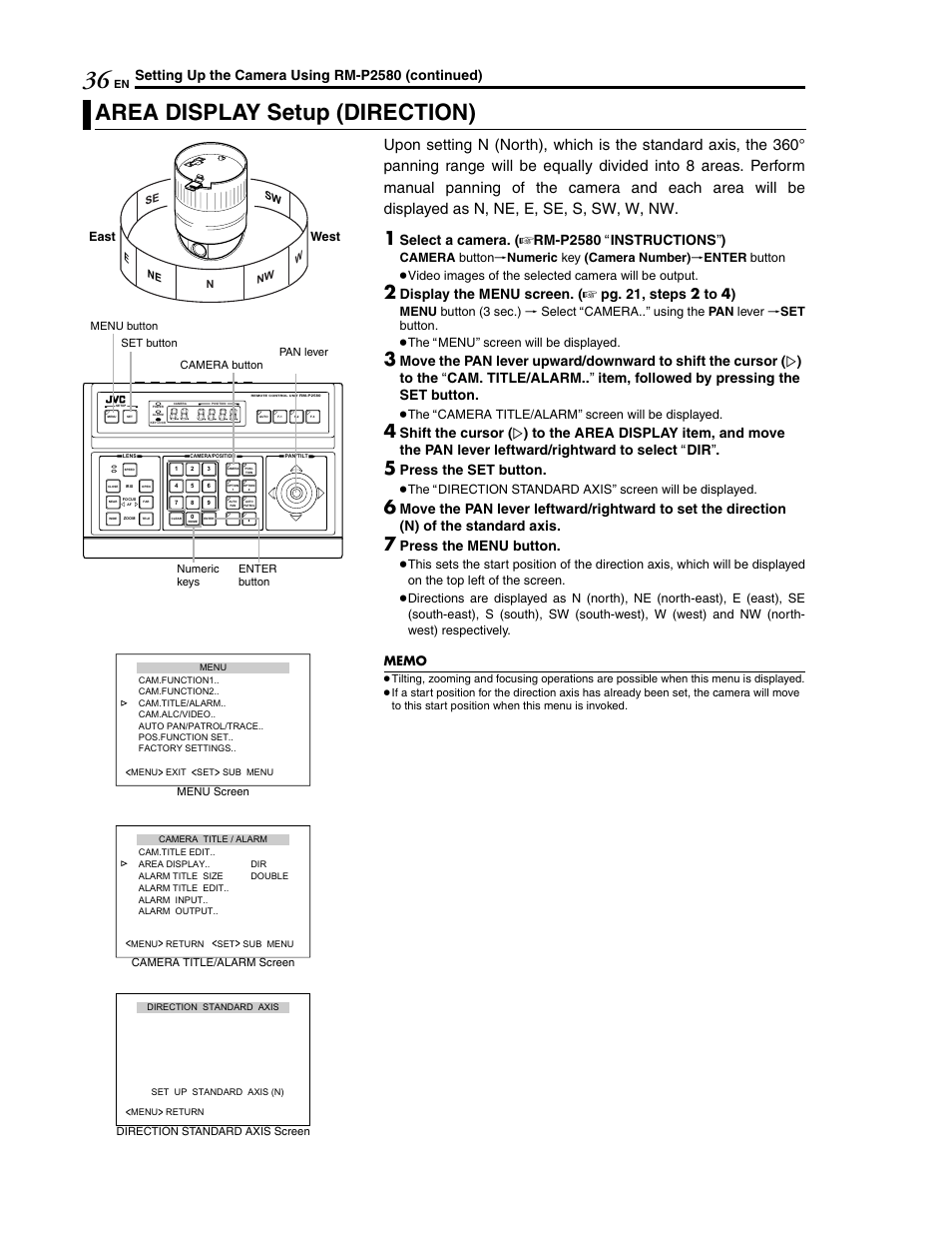 Area display setup (direction), Setting up the camera using rm-p2580 (continued), Select a camera. ( a rm-p2580 a instructions b ) | Display the menu screen. ( a pg. 21, steps 2 to 4), Press the set button, Press the menu button | JVC LWT0254-001B-H User Manual | Page 36 / 44