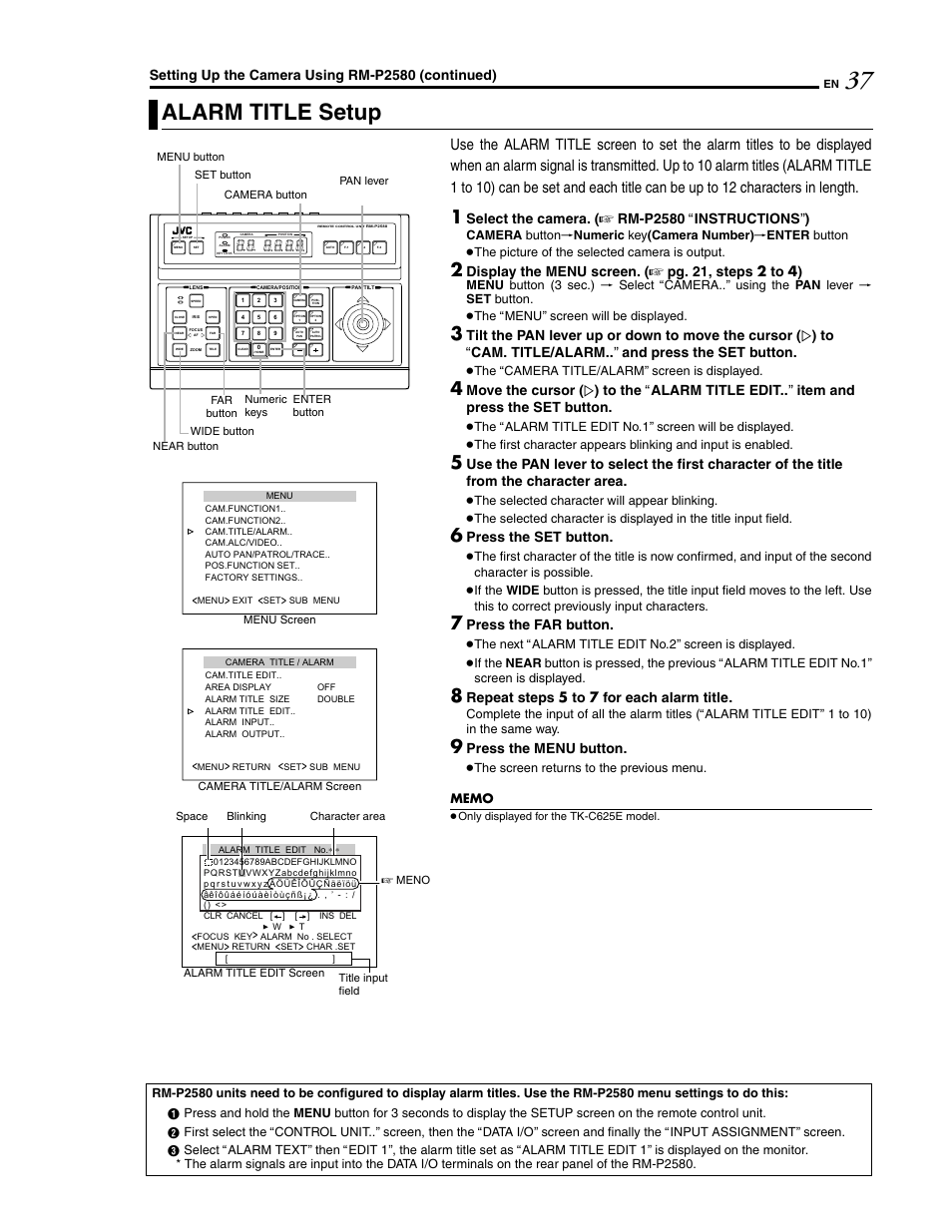 Alarm title setup, Setting up the camera using rm-p2580 (continued), Select the camera. ( a rm-p2580 a instructions b ) | Display the menu screen. ( a pg. 21, steps 2 to 4), Press the set button, Press the far button, Repeat steps 5 to 7 for each alarm title, Press the menu button | JVC LWT0254-001B-H User Manual | Page 37 / 44
