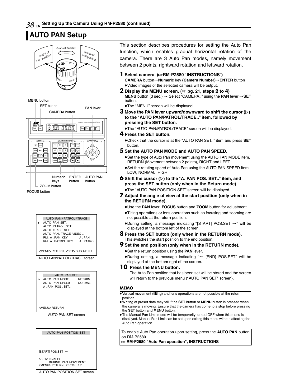 Auto pan setup, Setting up the camera using rm-p2580 (continued), Select camera. ( a rm-p2580 a instructions b ) | Display the menu screen. ( a pg. 21, steps 2 to 4), Press the set button, Set the auto pan mode and auto pan speed, Press the menu button | JVC LWT0254-001B-H User Manual | Page 38 / 44